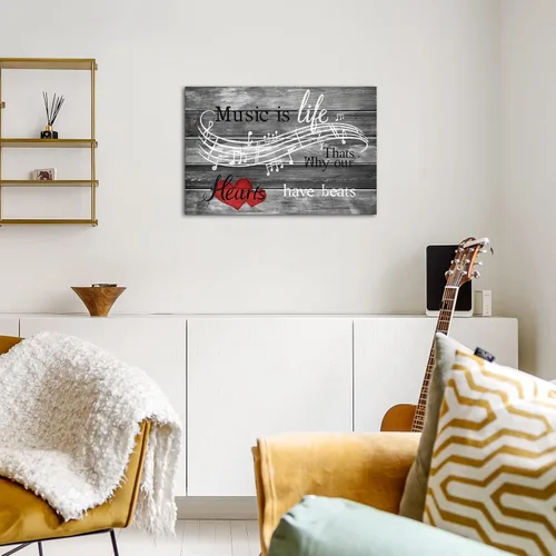 Vista 5 de SkenoArt Lienzo musical para pared, tema musical, inspirador, arte de pared con texto en inglés "Music is Life That is Why Our Hearts Have Beats
