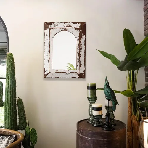 Vista 4 de Farmhouse - Espejos arqueados pequeños de 16 x 12 pulgadas, color blanco envejecido Hanging Rectangular Carved Wood Frame Entryway Mirror