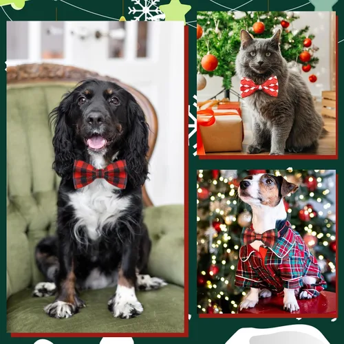Vista 2 de Silkfly 60 piezas de collar de perro a cuadros de Navidad, corbatín a granel, accesorios de vacaciones, lazos para cachorros, collares desmontables