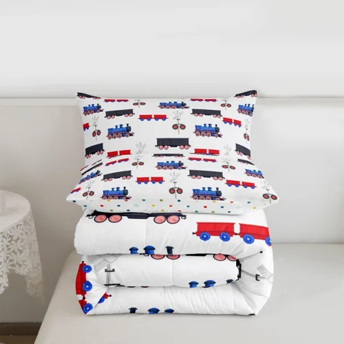 Vista 7 de Erosebridal Juego de ropa de cama de tren de dibujos animados para niños y niños, edredón de plumón de vehículos para niños, decoración