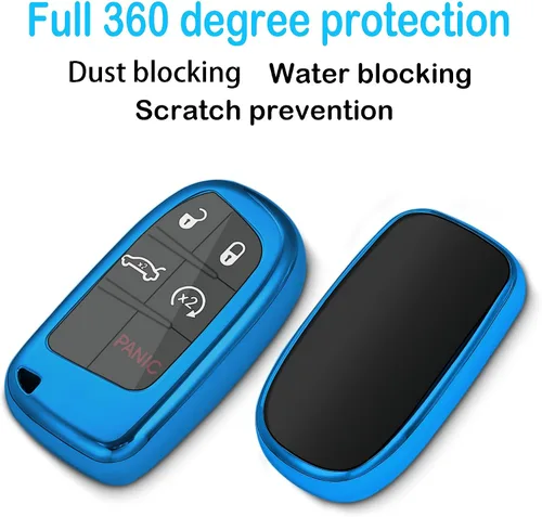 Vista 3 de Kirsnda Funda para llavero Jeep, con llavero compatible con Grand Cherokee Renegade Chrysler 200 300 Dodge Durango Challenger Journey Dart Fiat Azul