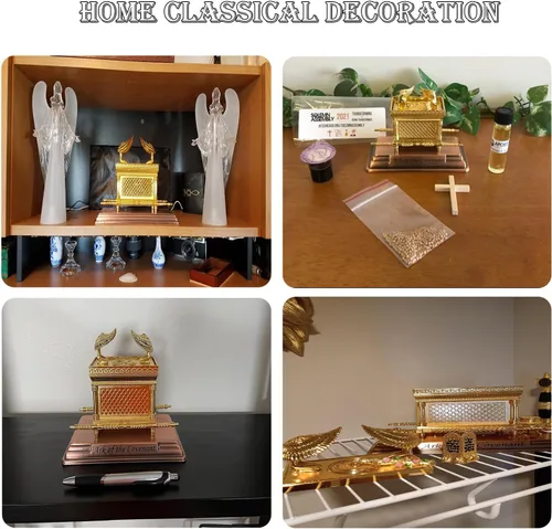 Vista 5 de Réplica del Arca del Pacto, modelo Mini Arca de la Alianza, estatua chapada en oro con varilla de Aaron, recipiente de maná, tabletas, decoración
