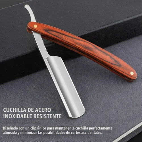 Vista 4 de Navaja de afeitar recta con estropajo - Afeitadora profesional de borde recto de acero inoxidable premium para barbero con estropajo para aseo