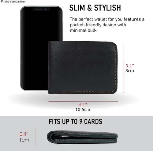 Vista 3 de HATA Black Cowhide Full Grain Leather Bifold Wallet For Men With RFID Blocking Minimalist Front Pocket Security Passcase And Durable Extra Capacity