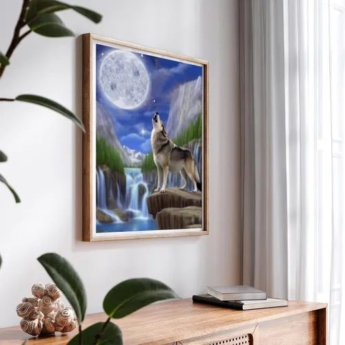 Vista 3 de SKRYUIE Pintura de diamante 5D con diseño de lobo y águila con kit de arte de diamantes para adultos, lobo iluminado por la luna, kit de pintura por