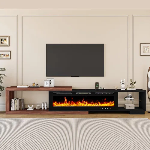 Vista 4 de Soporte de TV extensible con chimenea eléctrica de 71 a 116 pulgadas, moderno centro de entretenimiento con luces LED y toma de corriente para TV