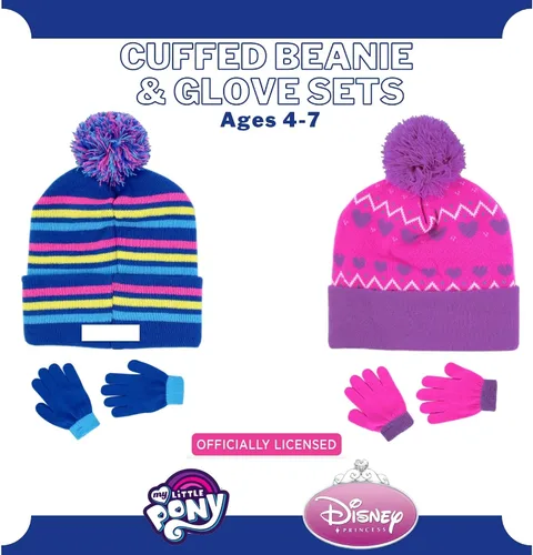 Vista 3 de Paquete de 2 sombreros de invierno para niños, guantes o mitones, My Little Pony y Princess Baby Beanie para niñas de 4 a 7 años, azulrosa, AzulRosa