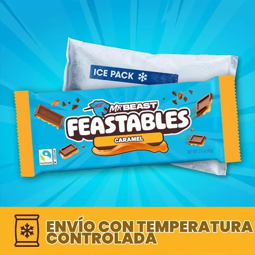 Vista 2 de MrBeast Feastables Barra de chocolate con caramelo, tamaño King, 10 unidades, cacao de comercio justo Candy bars, ships cold, clean ingredients