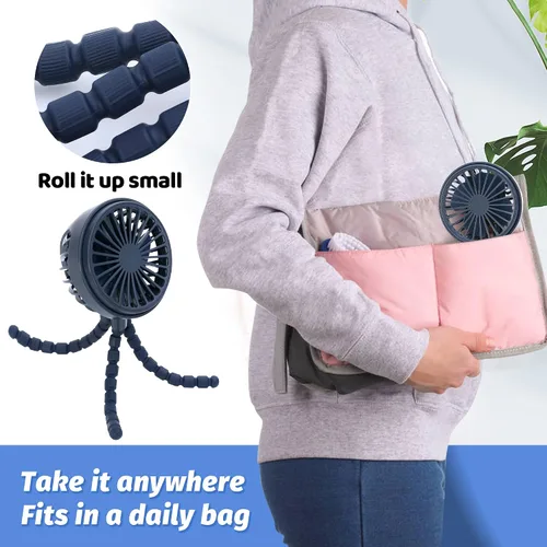 Vista 6 de LAT Ventilador de cochecito flexible con clip para trípode, ventilador portátil para asiento de coche con trípode flexible (azul marino)