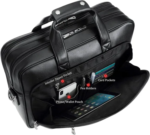 Vista 3 de Maletín para portátil de 17.3 pulgadas de cuero de grano completo sólido grueso para hombre, bolsa de mensajero clásica para viajes de negocios