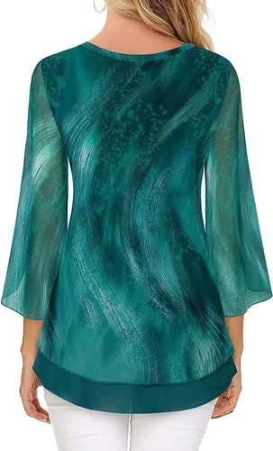 Vista 3 de Blusas de manga 34 para mujer, cuello redondo, estampado floral, elegante, casual, túnica