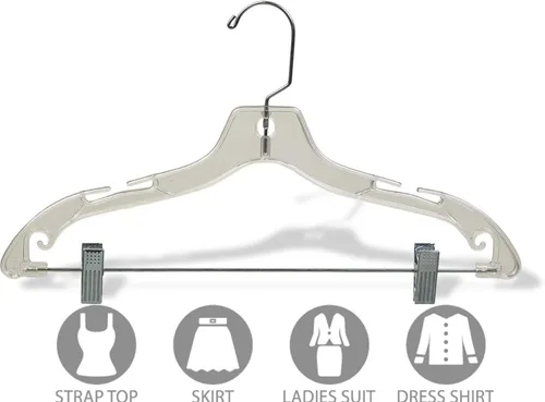 Vista 3 de Percha de plástico transparente junior con almohadillas ajustables, caja de 100 perchas planas de 14 pulgadas que ahorran espacio con muescas