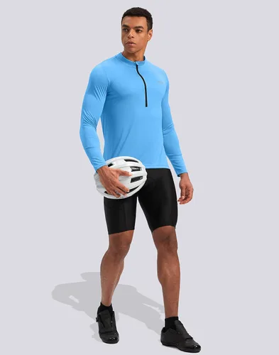 Vista 6 de Bikewa Maillot de ciclismo para hombre con 3+1 bolsillos traseros con cremallera, manga larga, absorción de humedad, UPF 50+ media cremallera