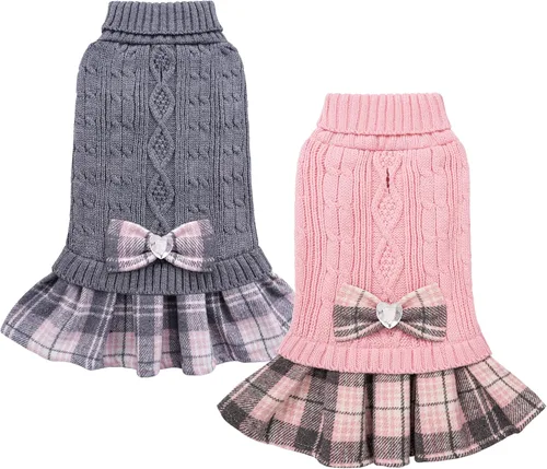 Vista 9 de YUDODO Small Dog Sweater Dress with Bowtie Turtleneck - Knitted Pet Clothes Dusty Pink