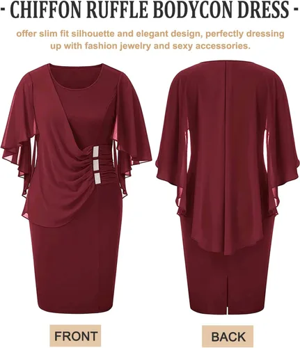 Vista 2 de LALAGEN Vestido de gasa para mujer, talla grande, con volantes, manga casquillo favorecedora, vestido de tubo para fiesta, S-XXXL
