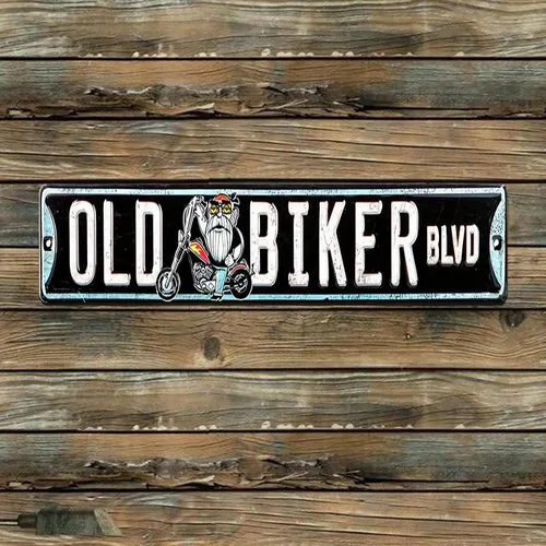 Vista 4 de Letrero de metal con texto en inglés "Old Biker Blvd", decoración de pared para el hogar, bar, garaje, 16 x 4 pulgadas