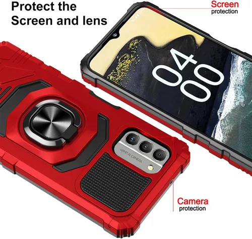 Vista 2 de Funda protectora para Nokia G310 5G con protector de pantalla de vidrio templado, grado militar, resistente a prueba de golpes, con soporte de Rojo