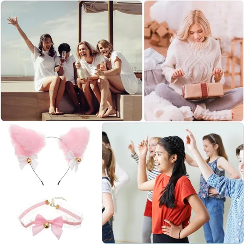 Vista 8 de SOIMISS 1 juego de diadema de orejas de gato de felpa con pajarita y cuello de encaje, accesorios de orejas peludas para fiestas de cosplay