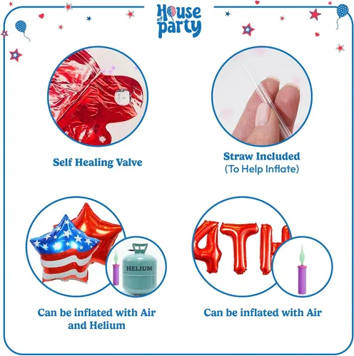 Vista 4 de HOUSE OF PARTY Globos del 4 de julio, accesorios temáticos de Estados Unidos Globos patrióticos de la bandera estadounidense – 19 x 26 pulgadas