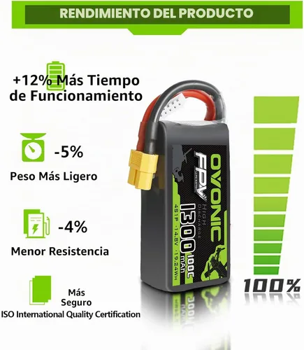 Vista 3 de OVONIC 4s Lipo Batería 100C 1300mAh 14.8V Lipo Batería con XT60 Conector para RC FPV Racing Drone Quadcopter