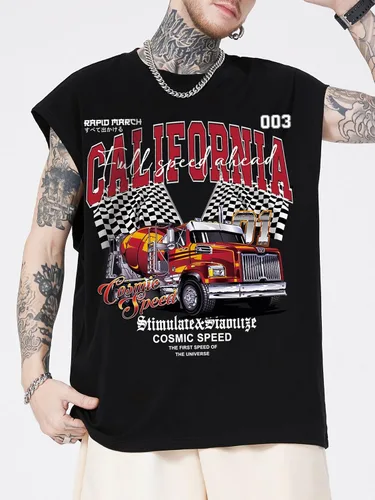 Vista 3 de SHENHE Camiseta sin mangas con estampado de letras de automóvil para hombre, cuello redondo, ropa de calle