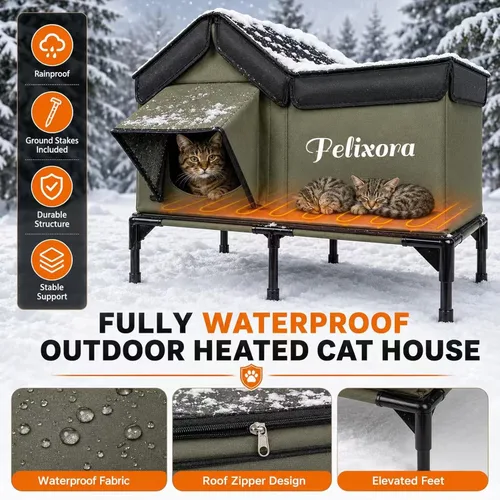 Vista 3 de Casa climatizada para gatos para exteriores, refugio de invierno aislado a la intemperie con base elevada y ventana transparente, puerta de escape
