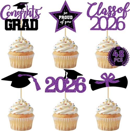 Vista 13 de 48 adornos para cupcakes graduados, 6 estilos de decoración para tartas de graduación, decoraciones de graduación de felicitaciones 2026, tapa negra