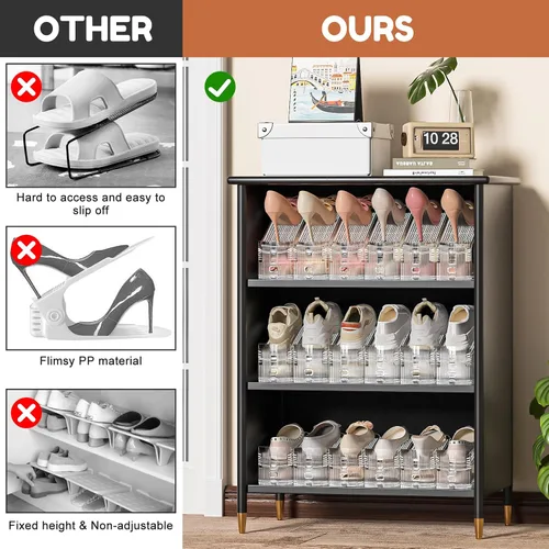 Vista 7 de Neprock Organizador de ranuras para zapatos para armario, paquete de 12 apiladores de zapatos acrílicos para un par de zapatos, 3 niveles ajustables