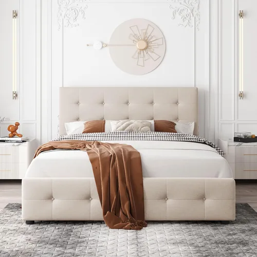 Vista 16 de Cama de plataforma tapizada de tamaño matrimonial con cabecera de terciopelo con patrón de flores, con marco de cama de soporte de listones