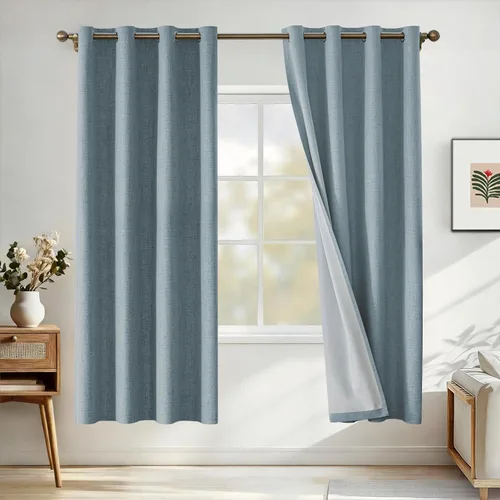 Vista 9 de Cortinas 100% opacas para dormitorio, cortinas opacas de 63 pulgadas de largo, cortinas opacas de lino para sala de estar, cortinas con ojales