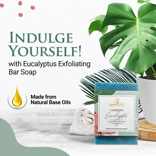Vista 2 de Sunshine & K Handmade Soaps Canberra Jabón exfoliante de eucalipto, jabón en barra con semillas de amapola y manteca de karité, aceites base