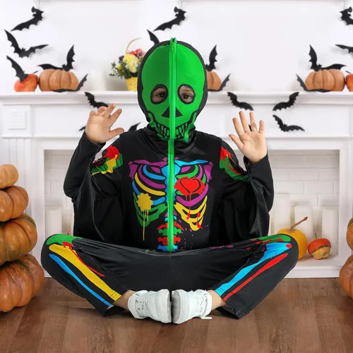 Vista 4 de SYNPOS Disfraz de esqueleto de Halloween para niños pequeños, disfraz de huesos de calavera aterradora, traje llamativo en la oscuridad para niños