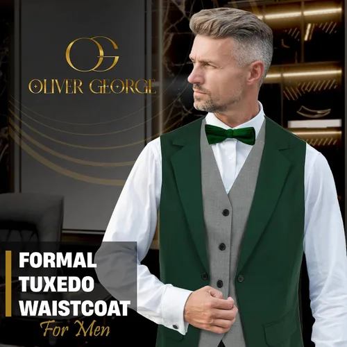 Vista 23 de Oliver George Chaleco formal de esmoquin en capas para hombre, chaleco de traje de negocios
