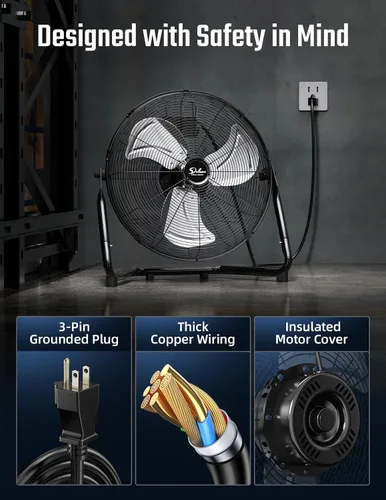 Vista 5 de Ventilador de suelo Simple Deluxe con 3 velocidades, hecho de metal robusto, alta velocidad con diseño industrial, silencioso, oscilantes, para uso
