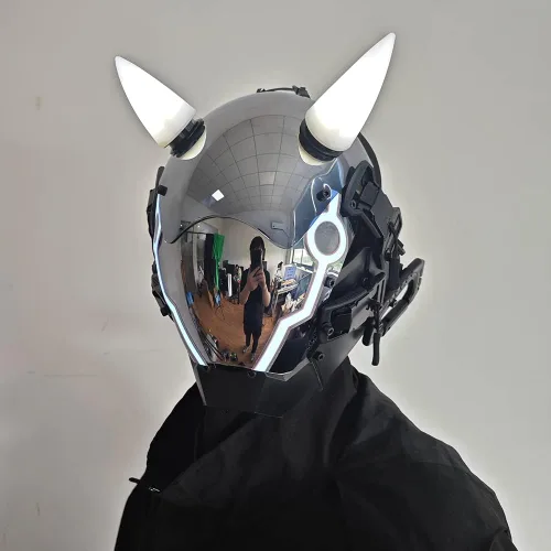 Vista 3 de KYEDAY Máscara punk para hombre, máscara de cuerno de buey LED, tecnología punk futurista, cosplay, Halloween, accesorios para fiestas y festivales