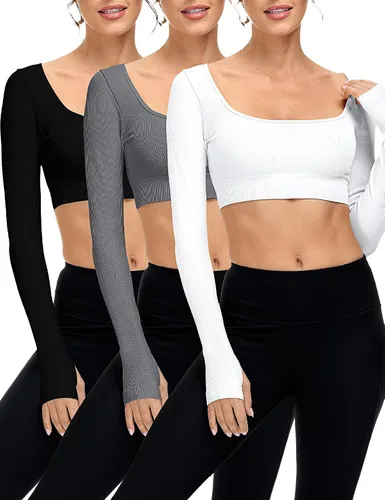Vista 2 de Paquete de 3 camisetas cortas acanaladas sin costuras de manga larga con cuello cuadrado para mujer, entrenamiento, gimnasio, yoga