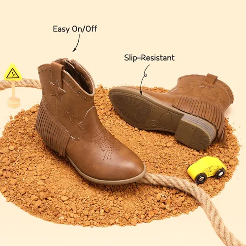Vista 3 de DREAM PAIRS Botas vaqueras para niñas, estilo vaquero, con cremallera lateral, con borla, para niños pequeños y grandes