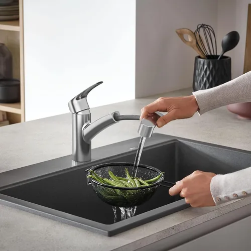 Vista 4 de GROHE 30306DC1 - Grifo de cocina Eurosmart de doble caño con rociador extraíble, 6.63 LPM, Supersteel (acero inoxidable)