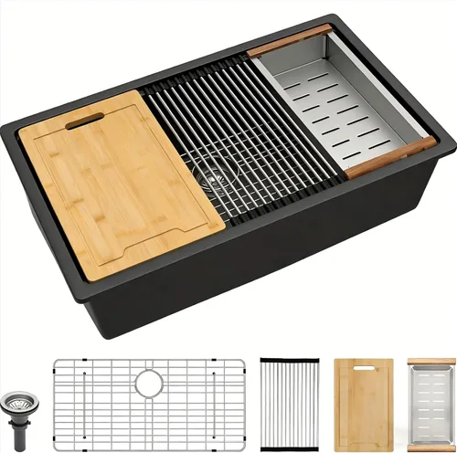 Vista 28 de Lordear Fregadero de Bar Empotrado de Granito Compuesto de 18 Pulgadas 18"x18" Fregaderos de Cocina de Cuarzo Compuesto Negro de Un Solo Tazón Bajo