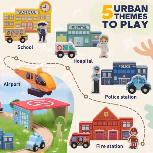 Vista 2 de Juego de tren de madera de 118 piezas, juego de tren urbano con tren eléctrico y juego de pesca, compatible con las principales marcas, regalo ideal