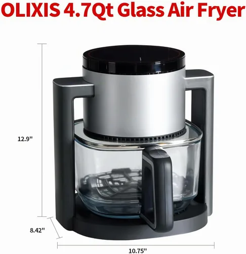 Vista 2 de OLIXIS Freidora de aire de vidrio de 4.7 cuartos de galón, freidora de aire no tóxica con 10 modos de cocción preestablecidos, tecnología rápida