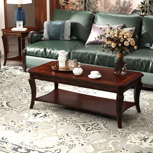 Vista 4 de Mesa auxiliar tradicional con estante de almacenamiento y patas talladas, mesas de sala de estar de granja, mesa central rectangular de madera