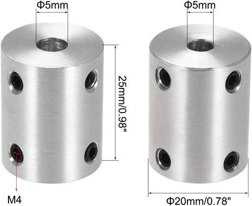 Vista 2 de uxcell Juego de acoplamiento rígido de 0.197 in a 0.197 in Tornillo L25XD20 aleación de aluminio, conector de acoplador de eje, accesorios de motor