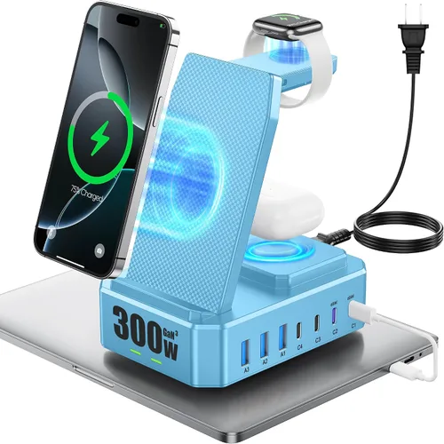 Vista 9 de Estación de carga de 300W para múltiples dispositivos Apple, cargador inalámbrico 10 en 1 para iPhone, soporte de carga rápida PD 65W USB C GaN III