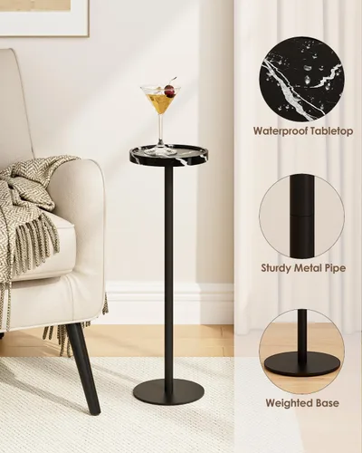 Vista 4 de Mesa de bebida, mesa auxiliar de pedestal pequeña, mesa de cóctel redonda, mesa auxiliar circular con base de metal, para espacios pequeños