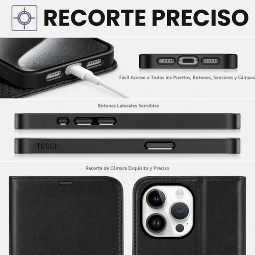 Vista 8 de TUCCH Funda tipo cartera para iPhone 15 Pro Max (6.7") 2023, 4 tarjeteros Negro