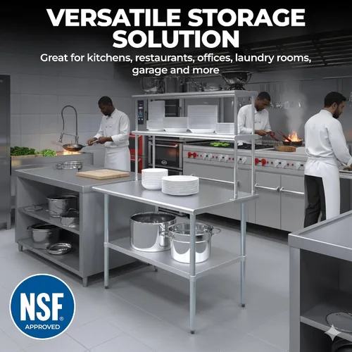 Vista 7 de Estante doble de acero inoxidable resistente con certificación NSF de calibre 18 con soportes para cocinas, cuartos de servicio, almacenamiento