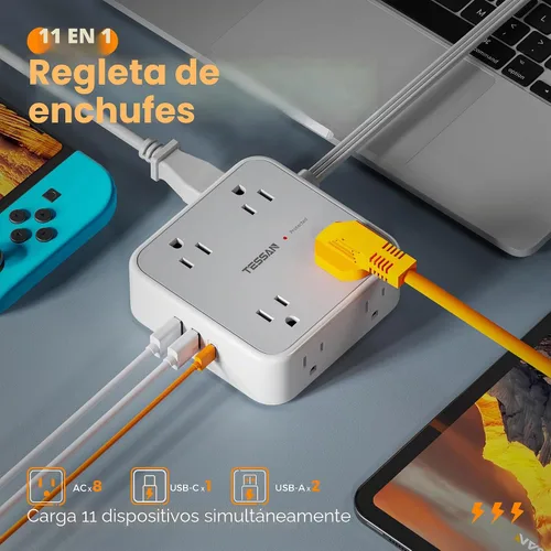 Vista 3 de TESSAN - Tira de alimentación con protector de sobretensiones, cable de extensión plano de 5 pies con 8 salidas de CA, 3 puertos USB (1 USB C), Gris