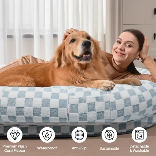 Vista 2 de Cama humana para perros de 74 x 50, tumbona impermeable de espuma viscoelástica, rejilla azul Cama de espuma viscoelástica de gran