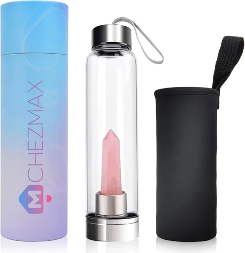 Vista 23 de ChezMax Botella de agua en cristal con centro de cristal natural intercambiable 18.6Oz, Natural Quartz Gemstone, Juice Container with Lid Sleeve